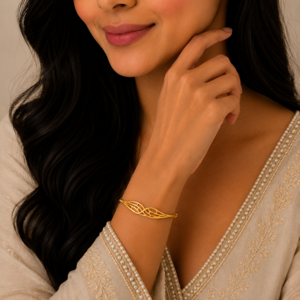 Elegant Twin Leaf Infinity Gold Kada with Artistic Designer Finish