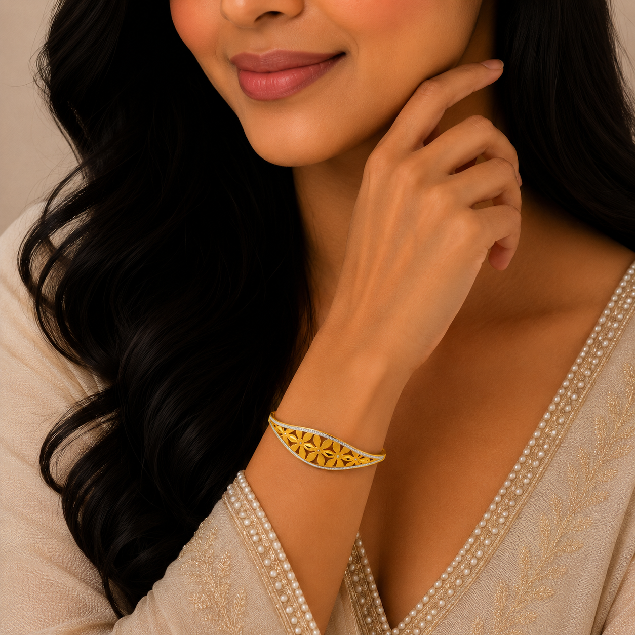 Elegant Floral Lattice Gold Kada with Luxury Designer Finish
