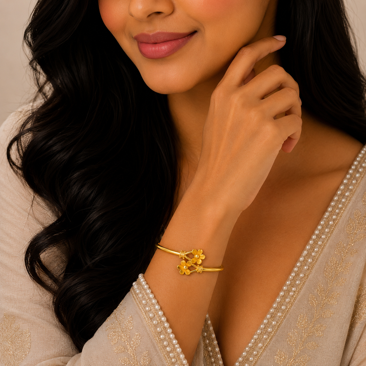 Elegant Floral Bloom Flexi Gold Kada with Graceful Designer Finish