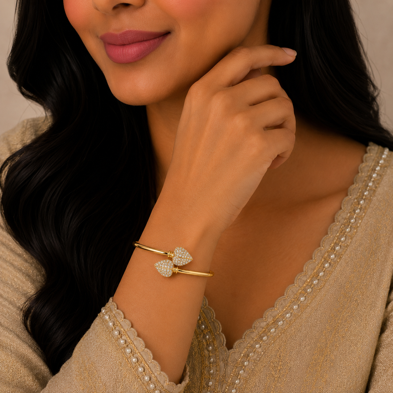 Elegant Dual Leaf Sparkle Flexi Gold Kada with Luxury Designer Finish
