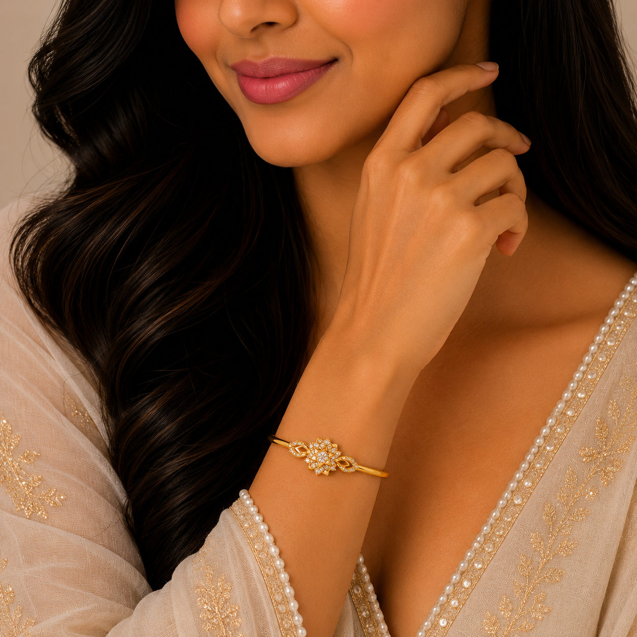 Elegant Floral Halo Stone Gold Kada with Luxury Designer Finish