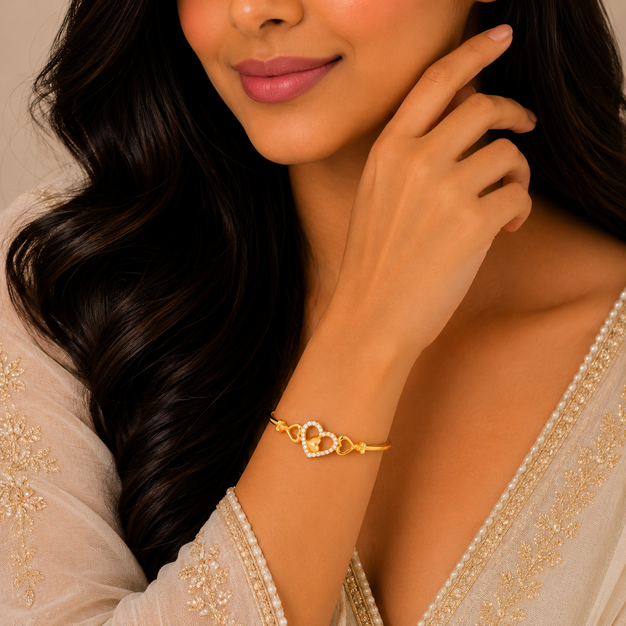 Elegant Triple Heart Stone Gold Kada with Romantic Designer Finish