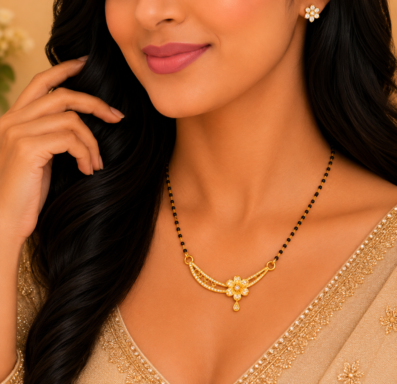 Elegant Floral Sparkle Mangalsutra Pendant with Luxury Designer Finish
