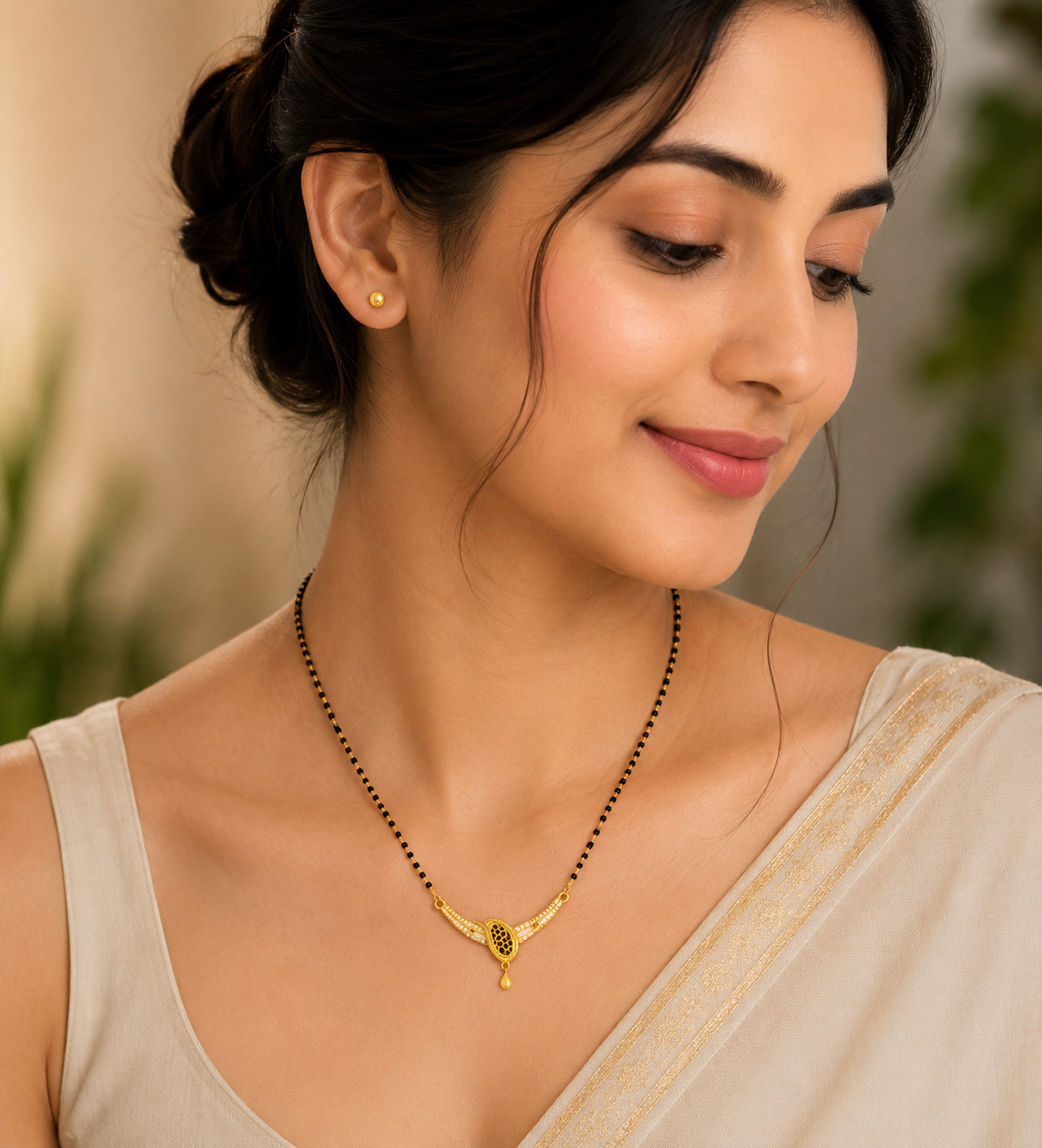 Elegant Royal Leaf Mangalsutra Pendant with Black Accent Designer Finish