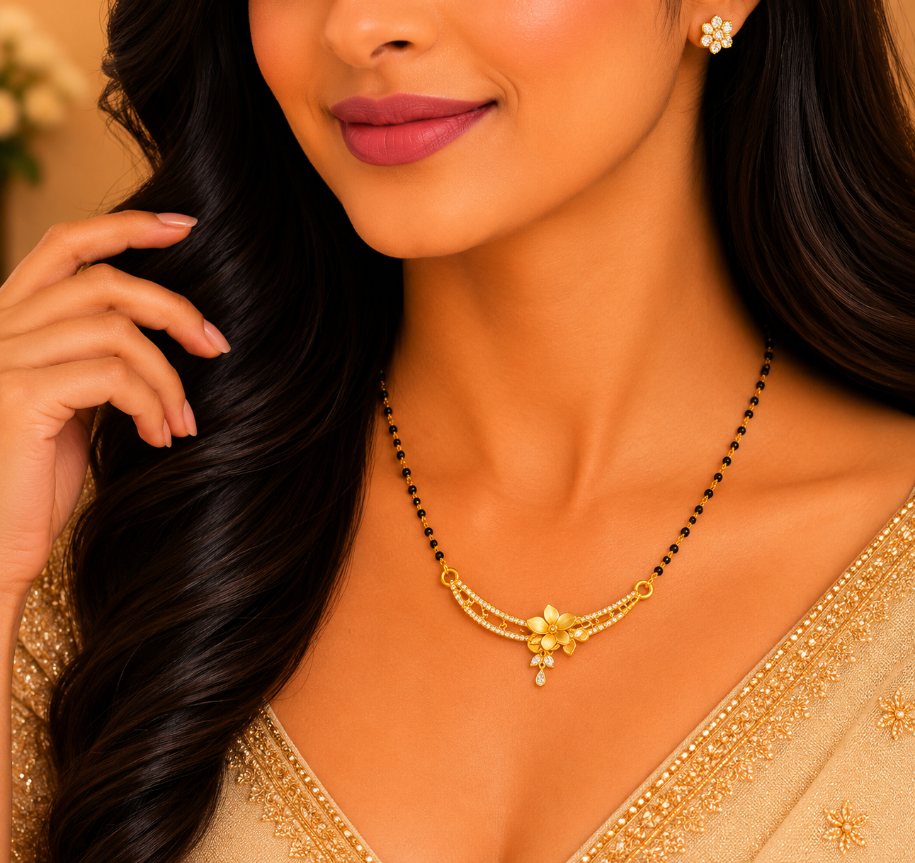 Elegant Blossom Arc Mangalsutra Pendant with Sparkling Designer Finish