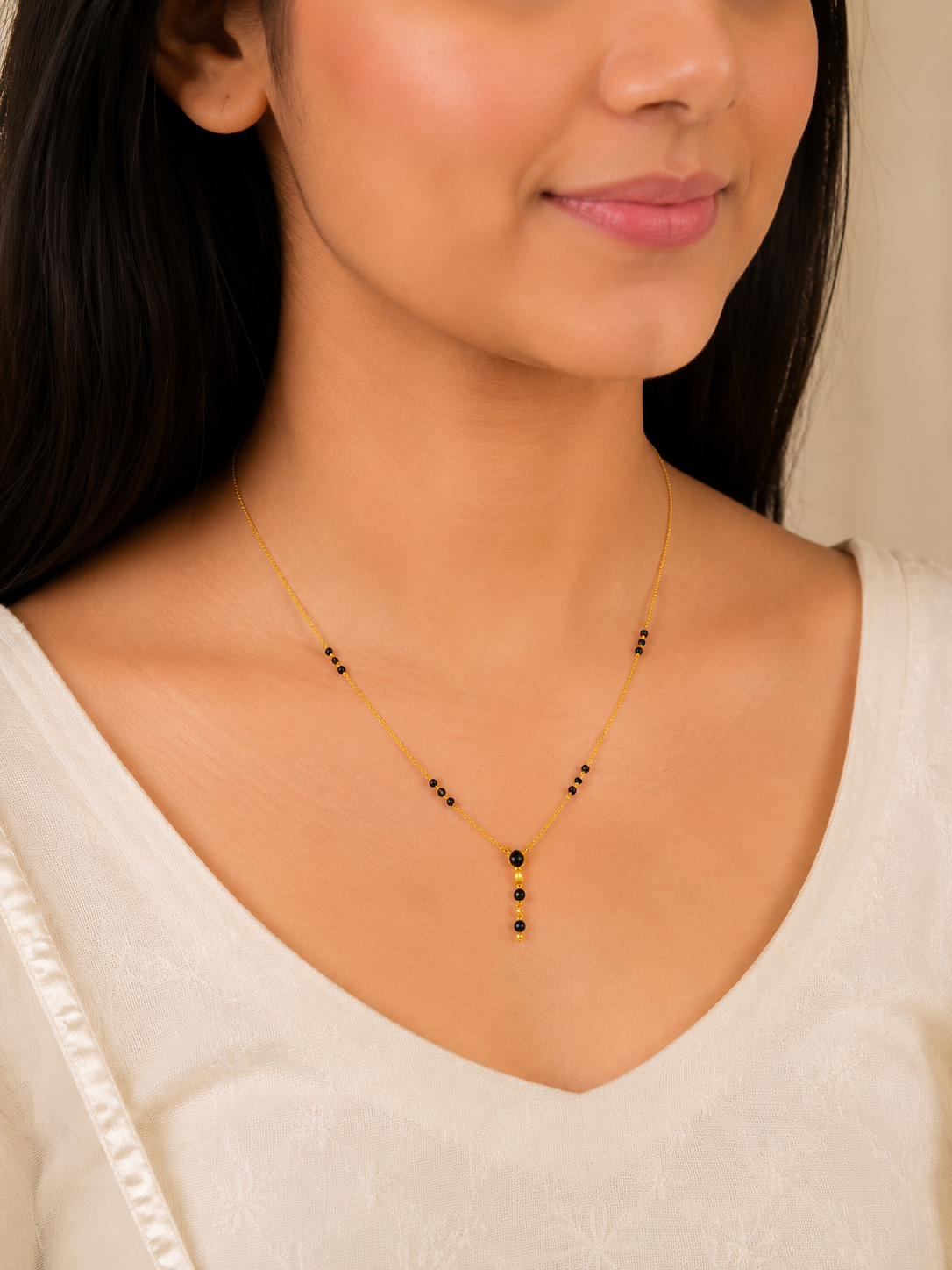 Elegant Multi Bead Short Gold Mangalsutra with Classic Drop Pendant Design