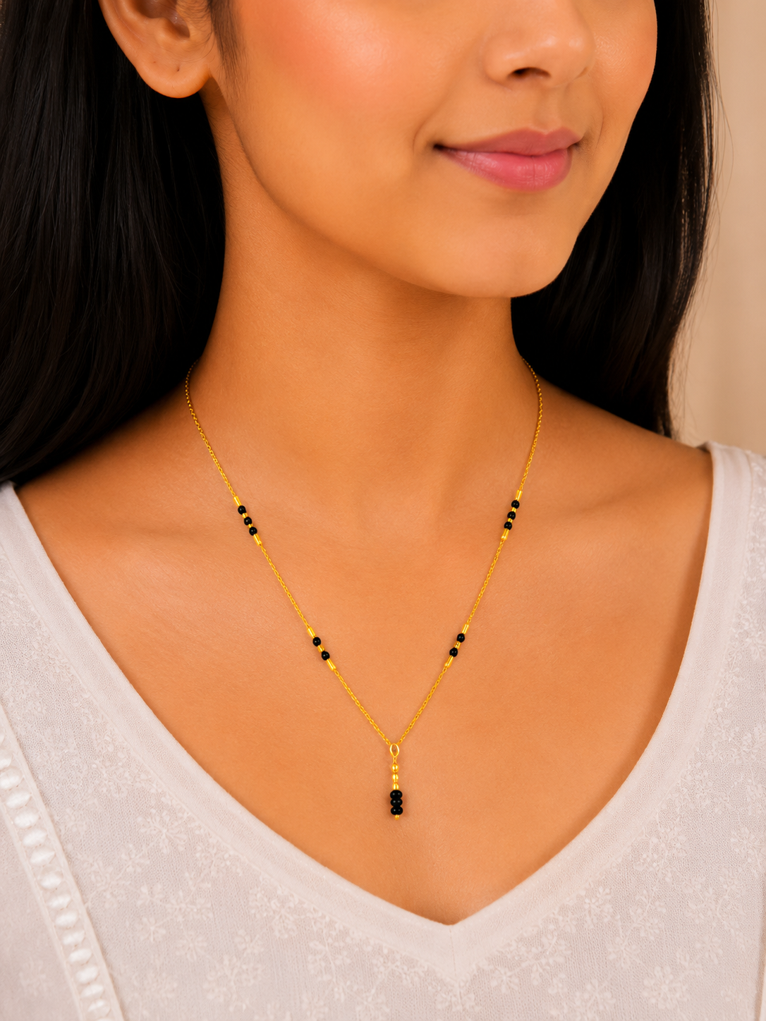 Elegant Cylindrical Drop Short Gold Mangalsutra with Modern Beaded Design