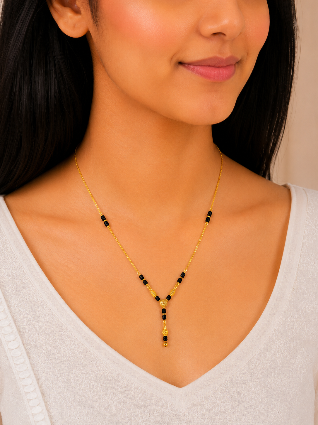 Elegant Black Bead Drop Short Gold Mangalsutra Necklace for Women