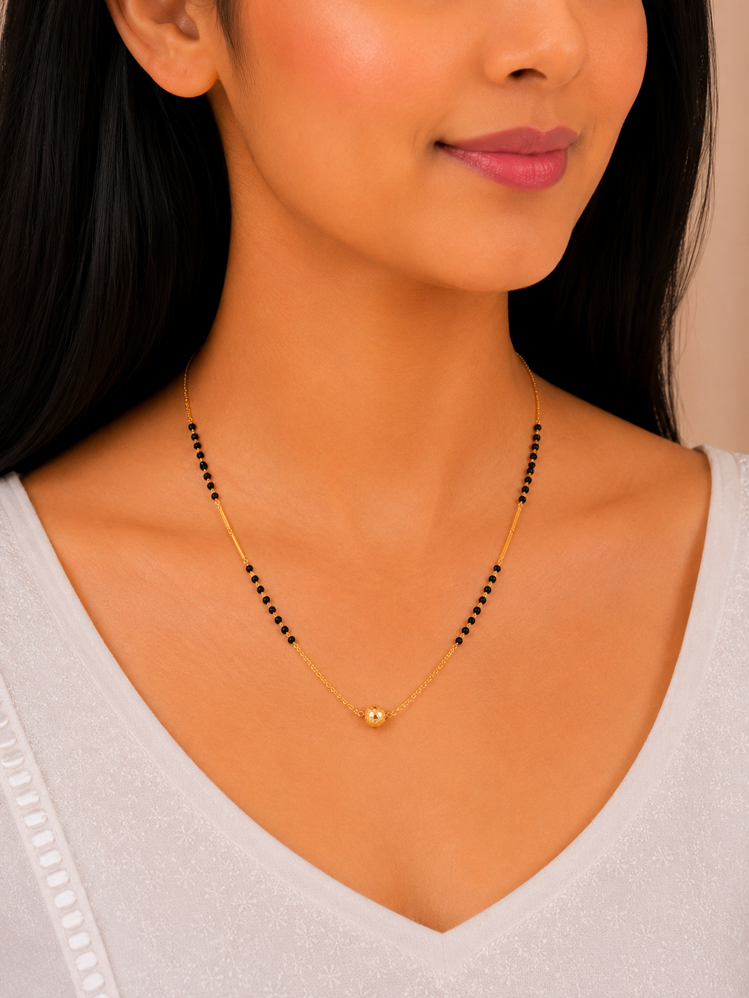 Minimal Black Bead Short Gold Mangalsutra Necklace for Women