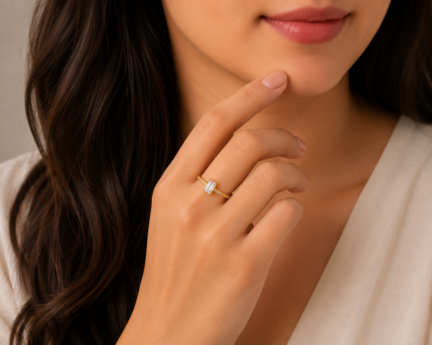 Classic Solitaire Style Gold Ladies Ring with Sparkling Stone Accent