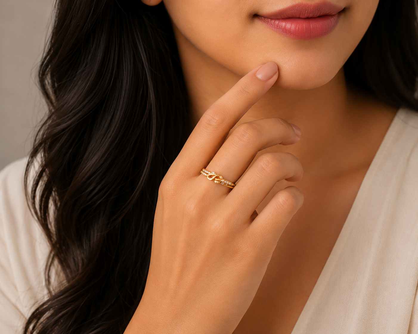 Elegant Infinity Style Gold Ladies Ring with Sparkling Stone Design