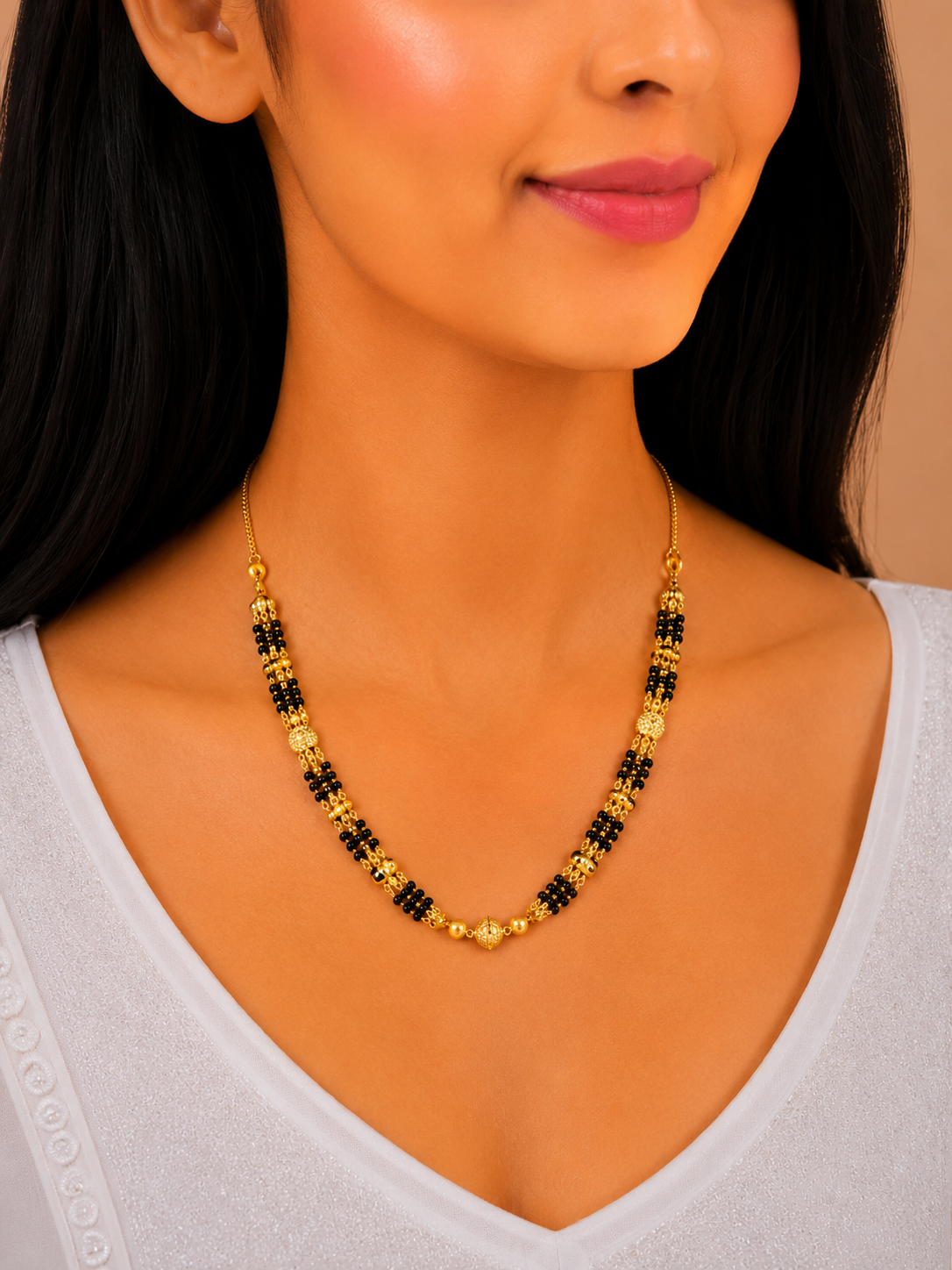 Traditional Multi Layer Black Bead Short Gold Mangalsutra Necklace