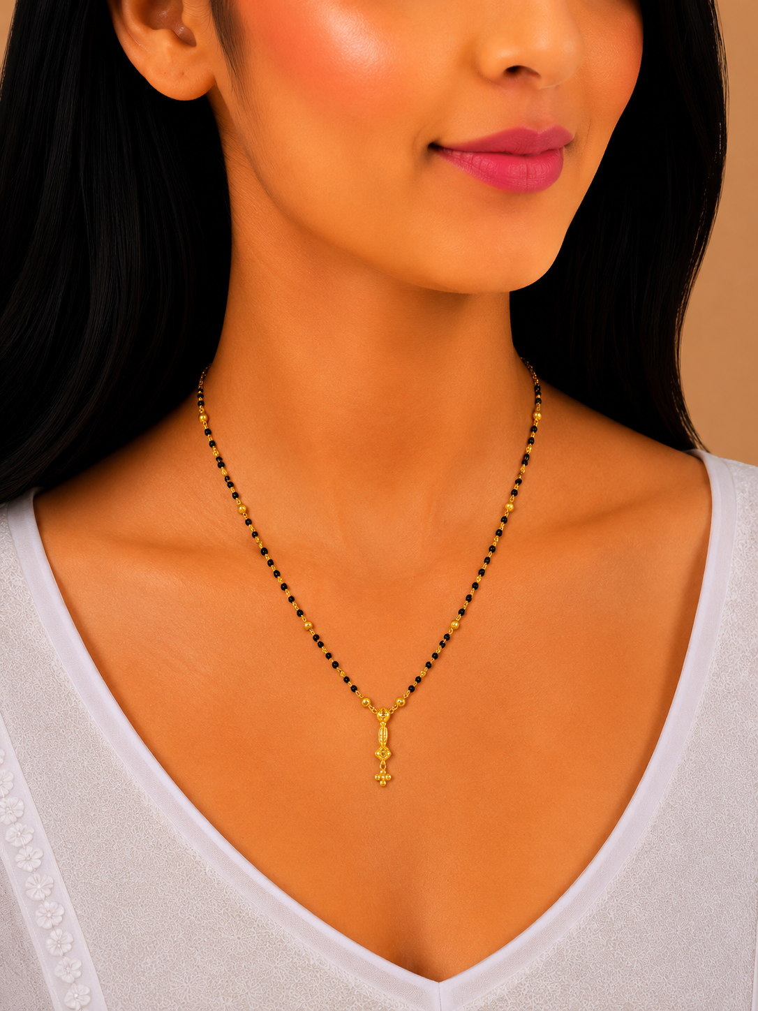 Classic Sleek Short Gold Mangalsutra Necklace with Elegant Drop Pendant