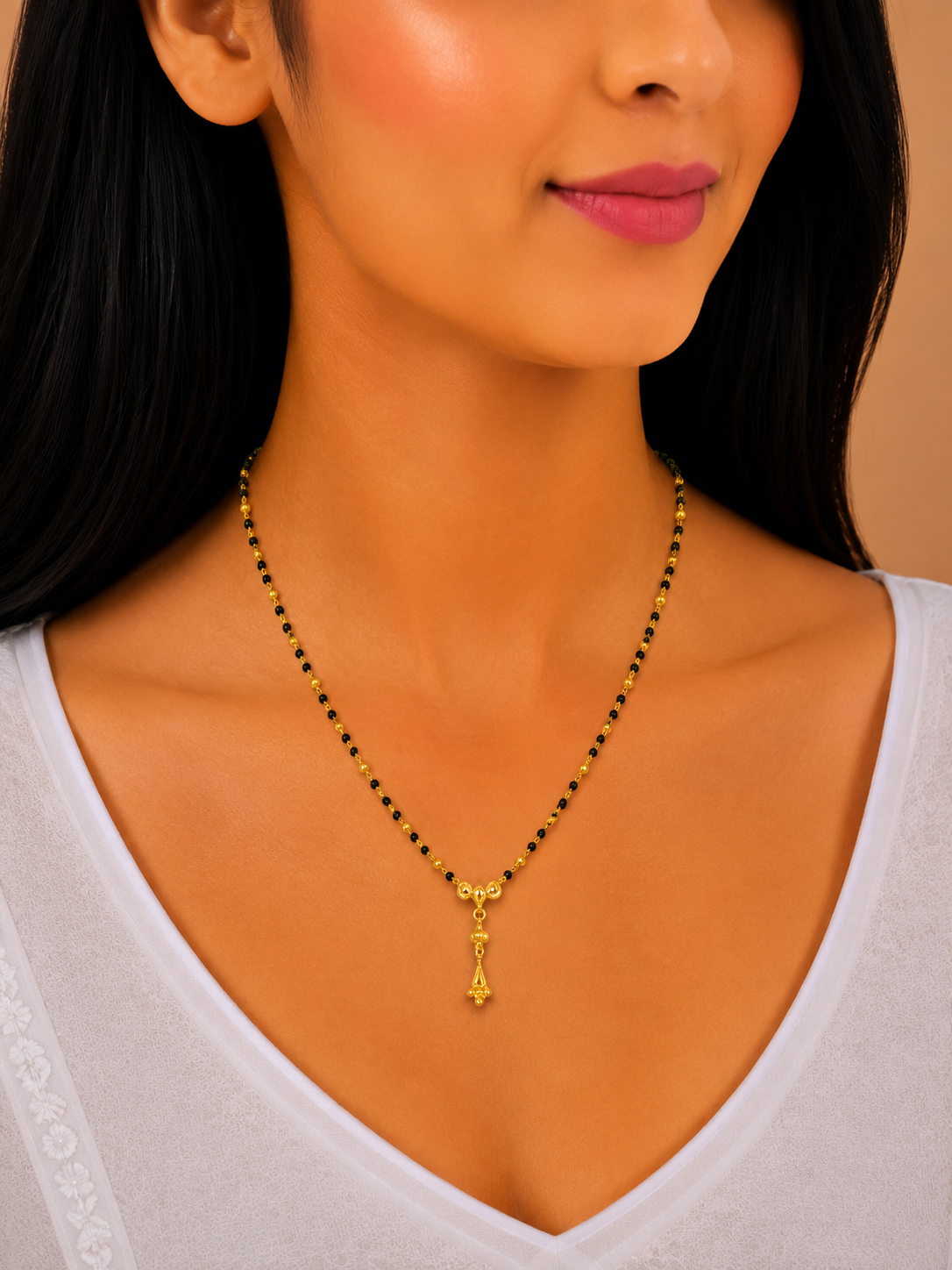 Traditional Bead Chain Short Gold Mangalsutra with Elegant Pendant
