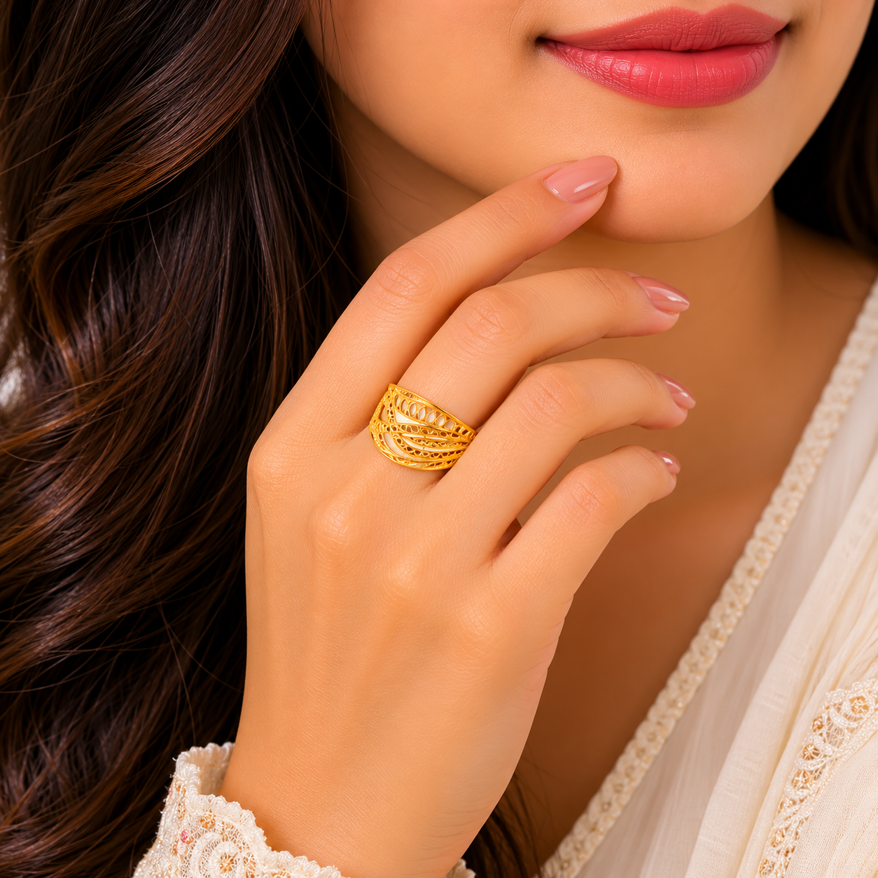 Designer Layered Gold Ladies Ring with Elegant Wave Pattern
