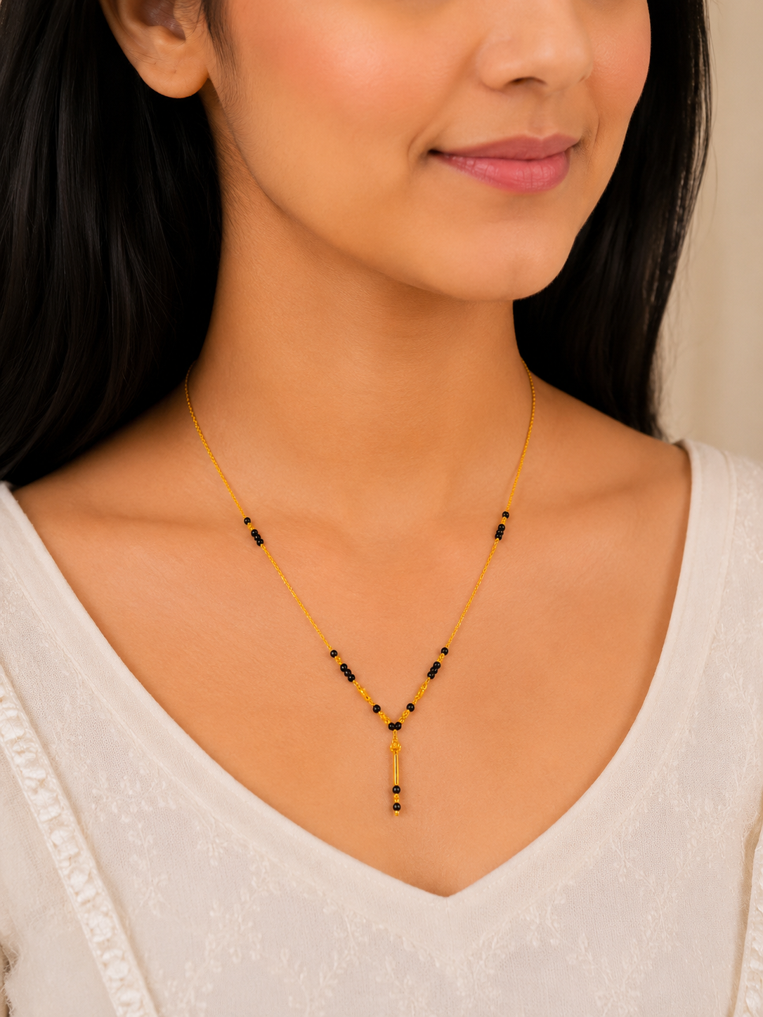 Elegant Dual Tone Short Gold Mangalsutra with Modern Drop Pendant Design