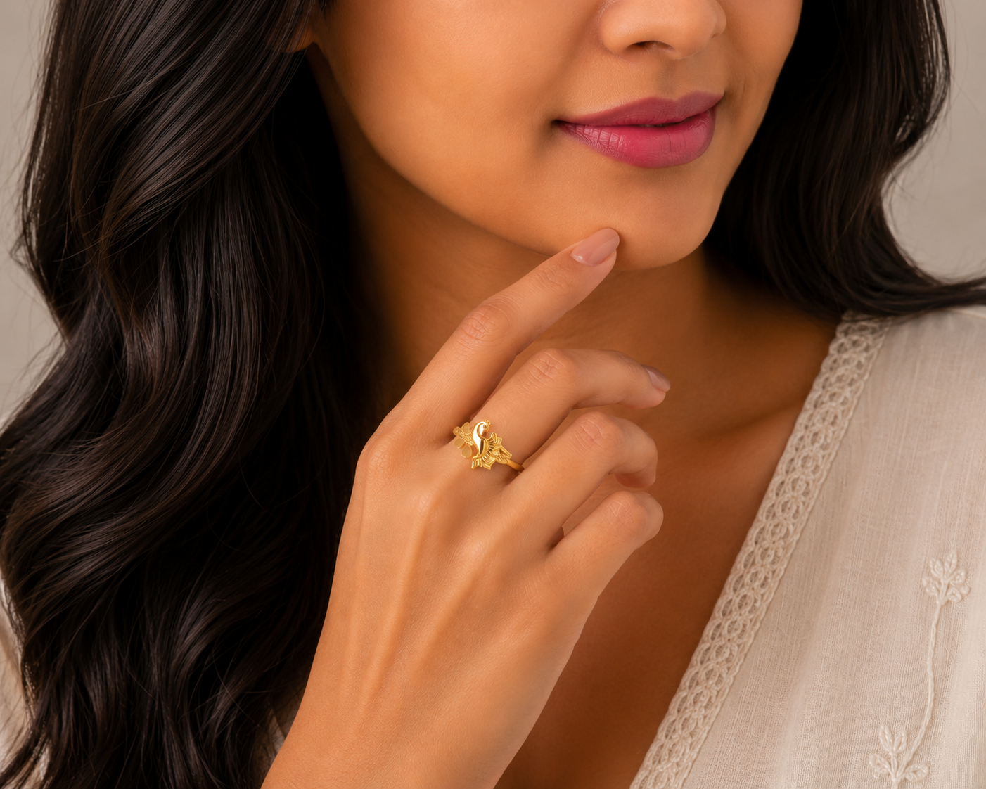 Royal Peacock Floral Gold Ladies Ring with Artistic Designer Finish