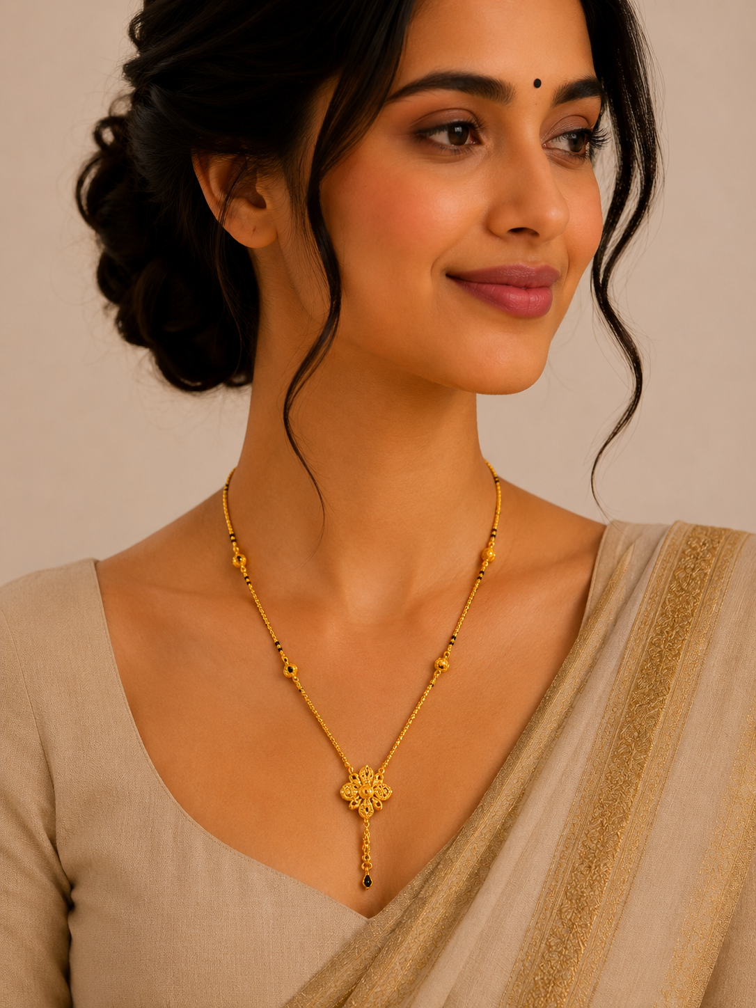 Royal Short Gold Mangalsutra with Floral Pendant Design