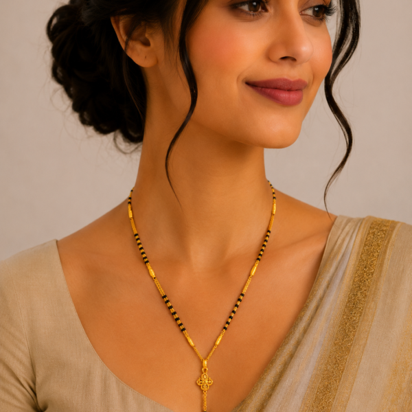 Traditional Short Gold Mangalsutra with Elegant Long Pendant