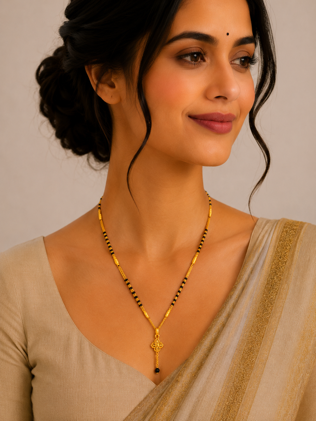 Traditional Short Gold Mangalsutra with Elegant Long Pendant