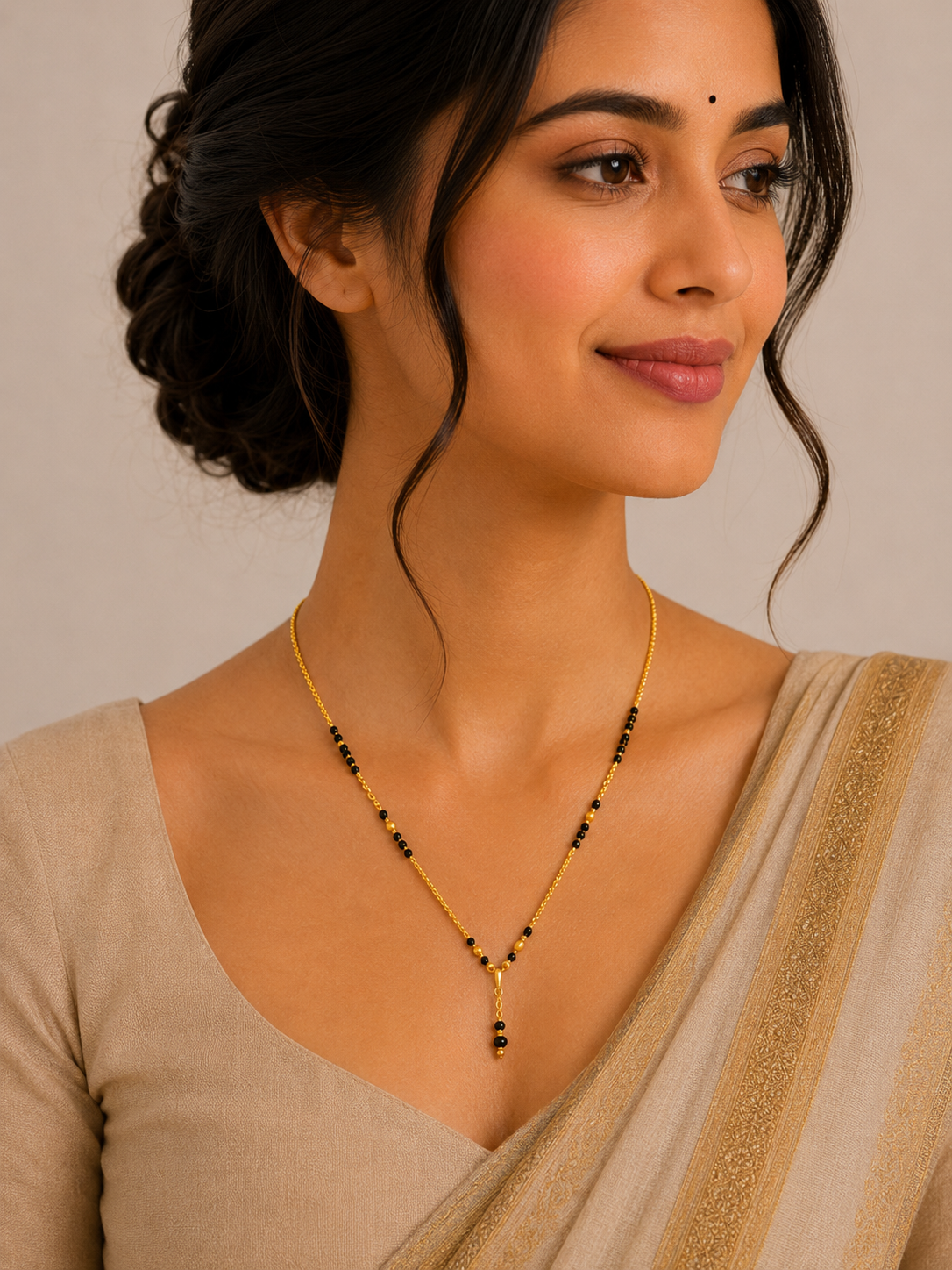 Elegant Short Gold Mangalsutra with Beaded Drop Pendant Design