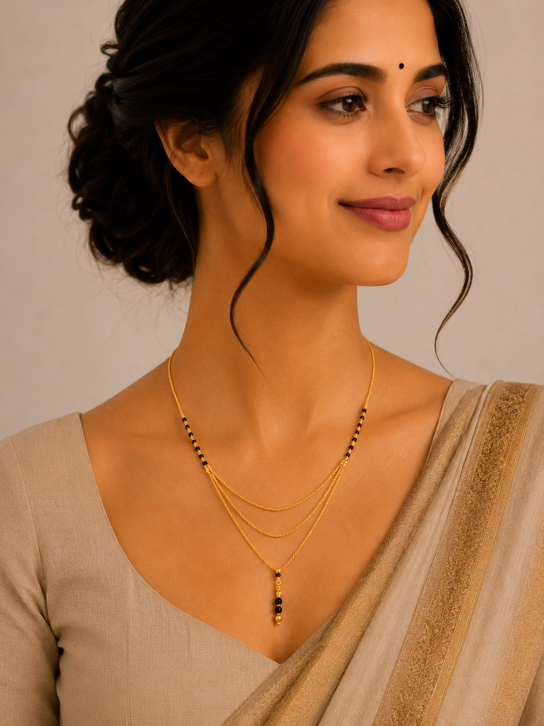 Layered Short Gold Mangalsutra with Elegant Pendant Drop