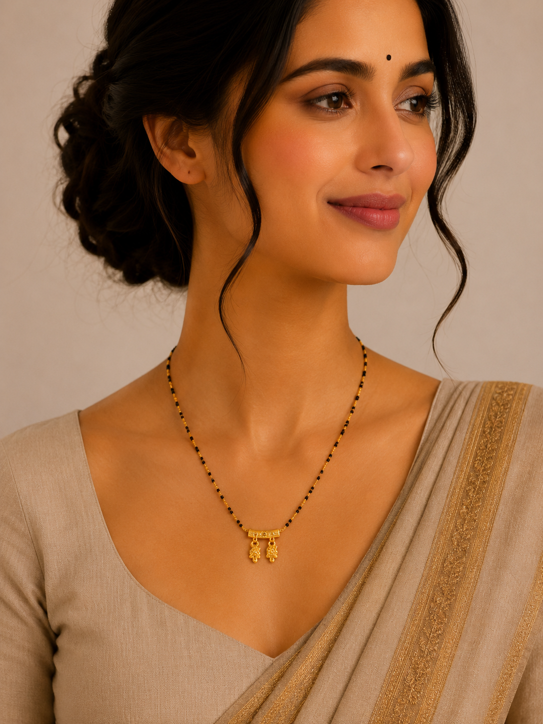 Traditional Short Gold Mangalsutra with Triple Charm Pendant
