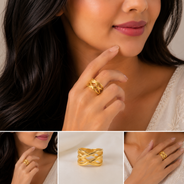 Designer Criss Cross Gold Ladies Ring with Elegant Modern Finish
