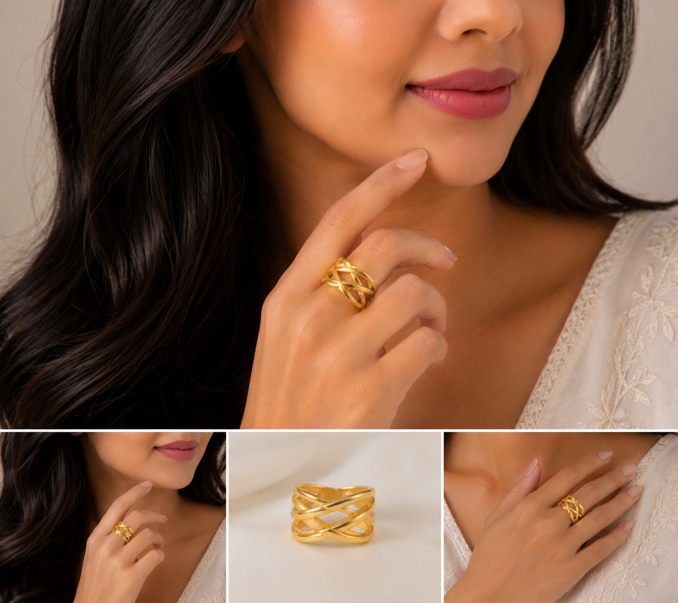 Designer Criss Cross Gold Ladies Ring with Elegant Modern Finish