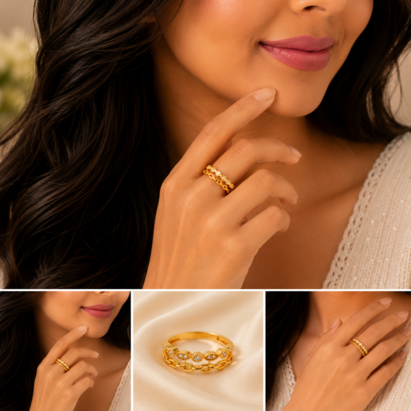 Elegant Dual Layer Stone Gold Ladies Ring with Designer Chain Pattern