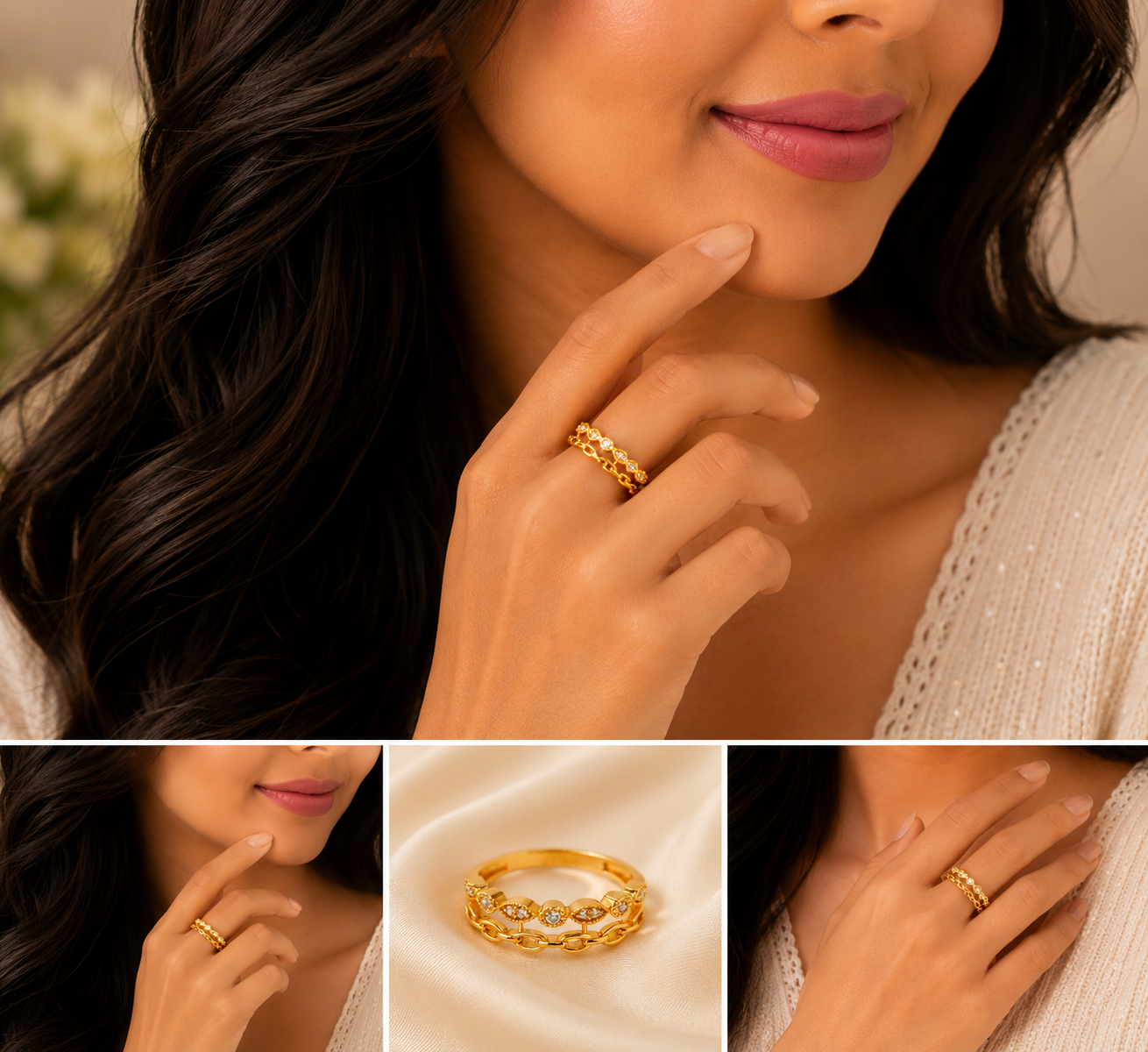 Elegant Dual Layer Stone Gold Ladies Ring with Designer Chain Pattern