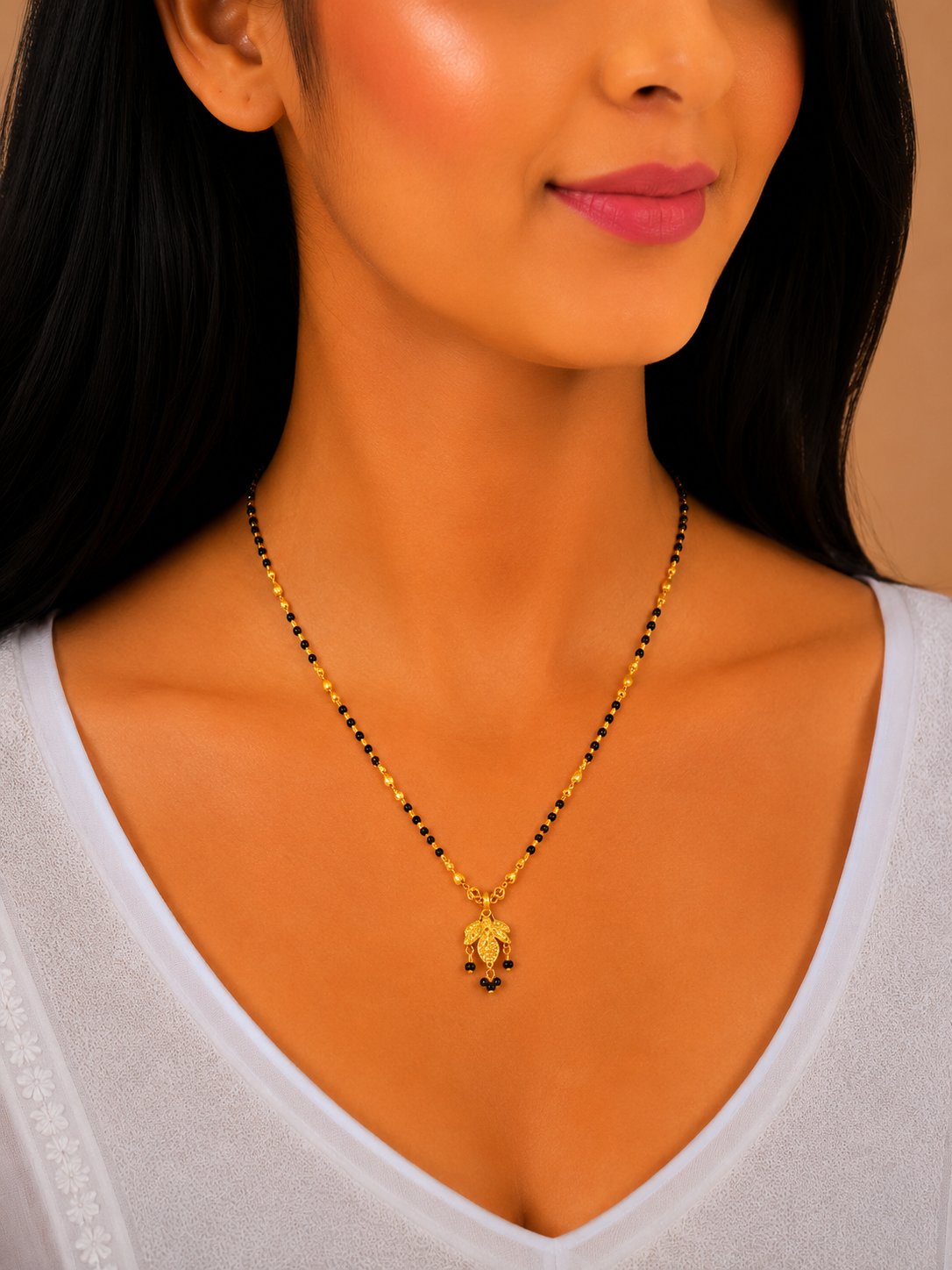 Traditional Floral Pendant Short Gold Mangalsutra Necklace for Women