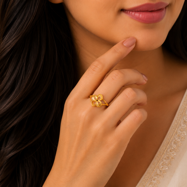 Elegant Floral Pattern Gold Ladies Ring with Artistic Designer Finish
