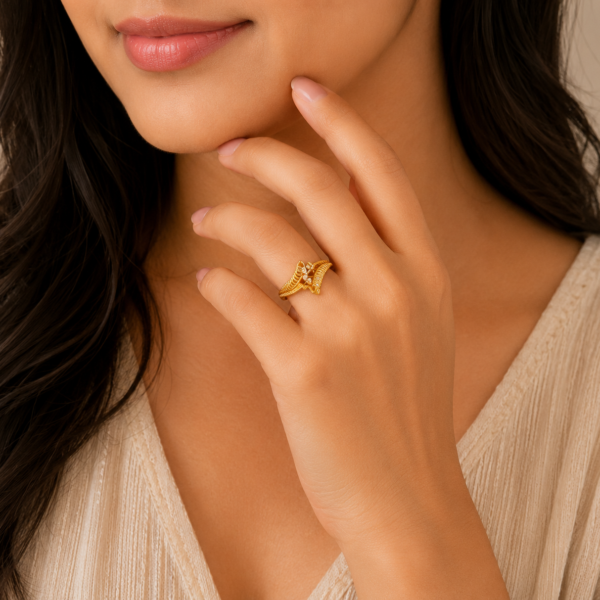 Designer Leaf Motif Gold Ladies Ring with Stone Accents