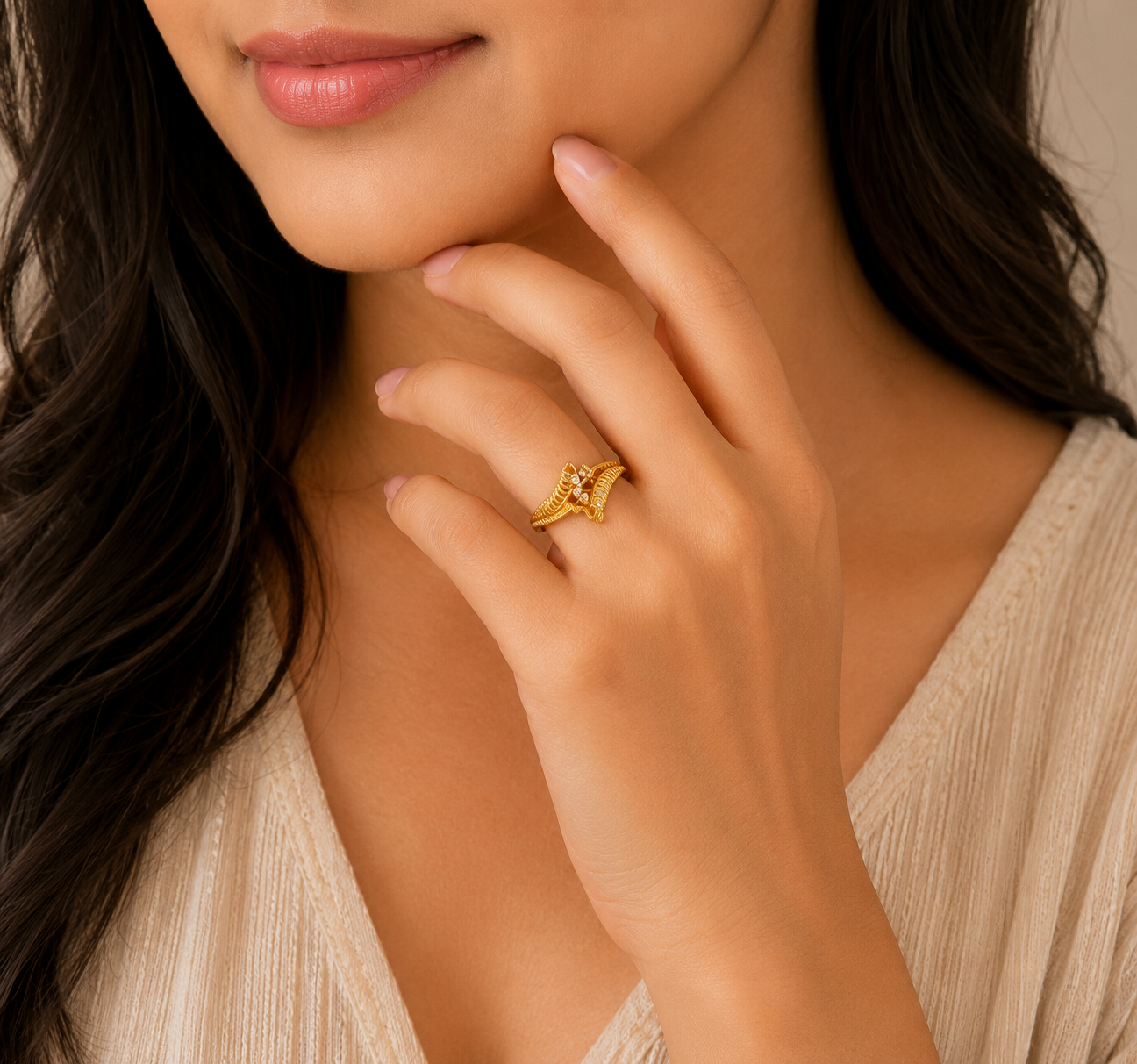 Designer Leaf Motif Gold Ladies Ring with Stone Accents