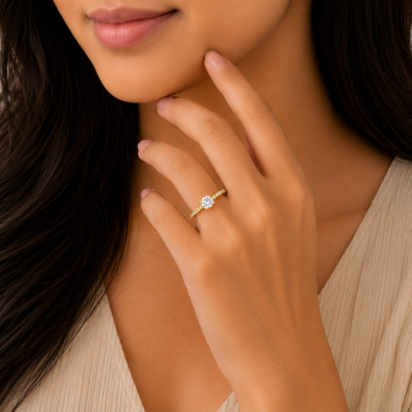Classic Solitaire Stone Gold Ladies Ring with Pave Band
