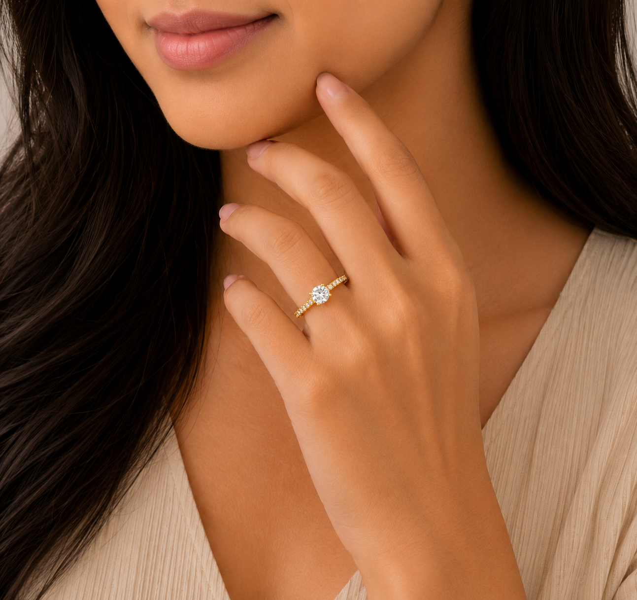 Classic Solitaire Stone Gold Ladies Ring with Pave Band