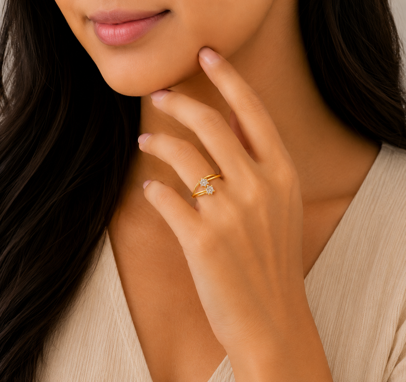 Elegant Double Drop Stone Gold Ladies Ring