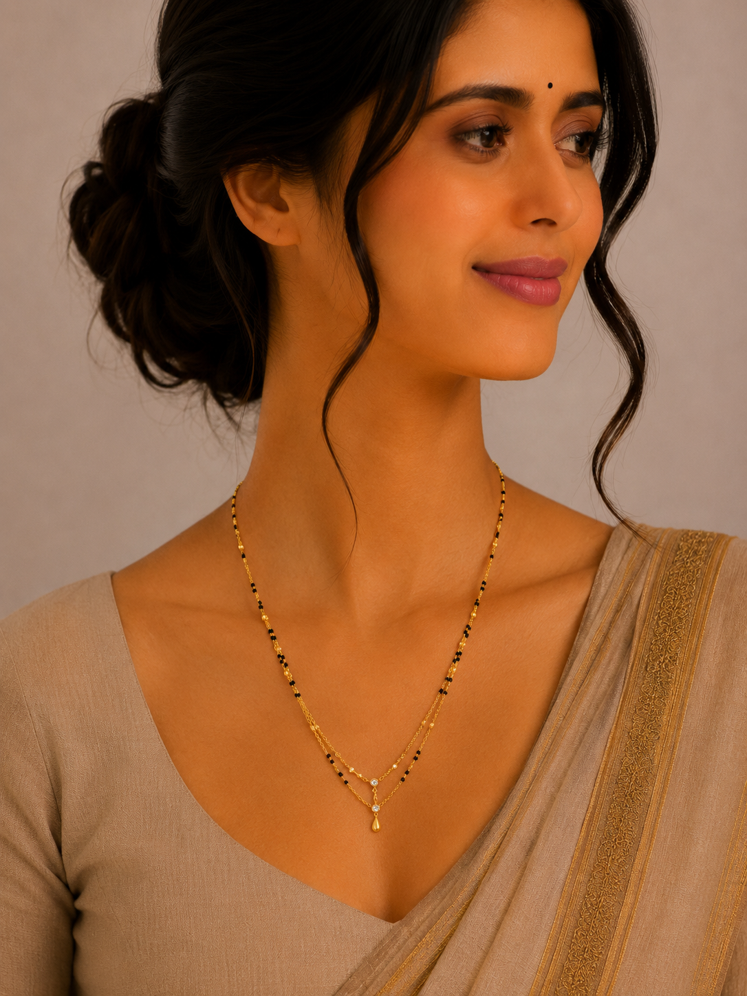 Elegant Layered Short Gold Mangalsutra with Minimal V Pendant