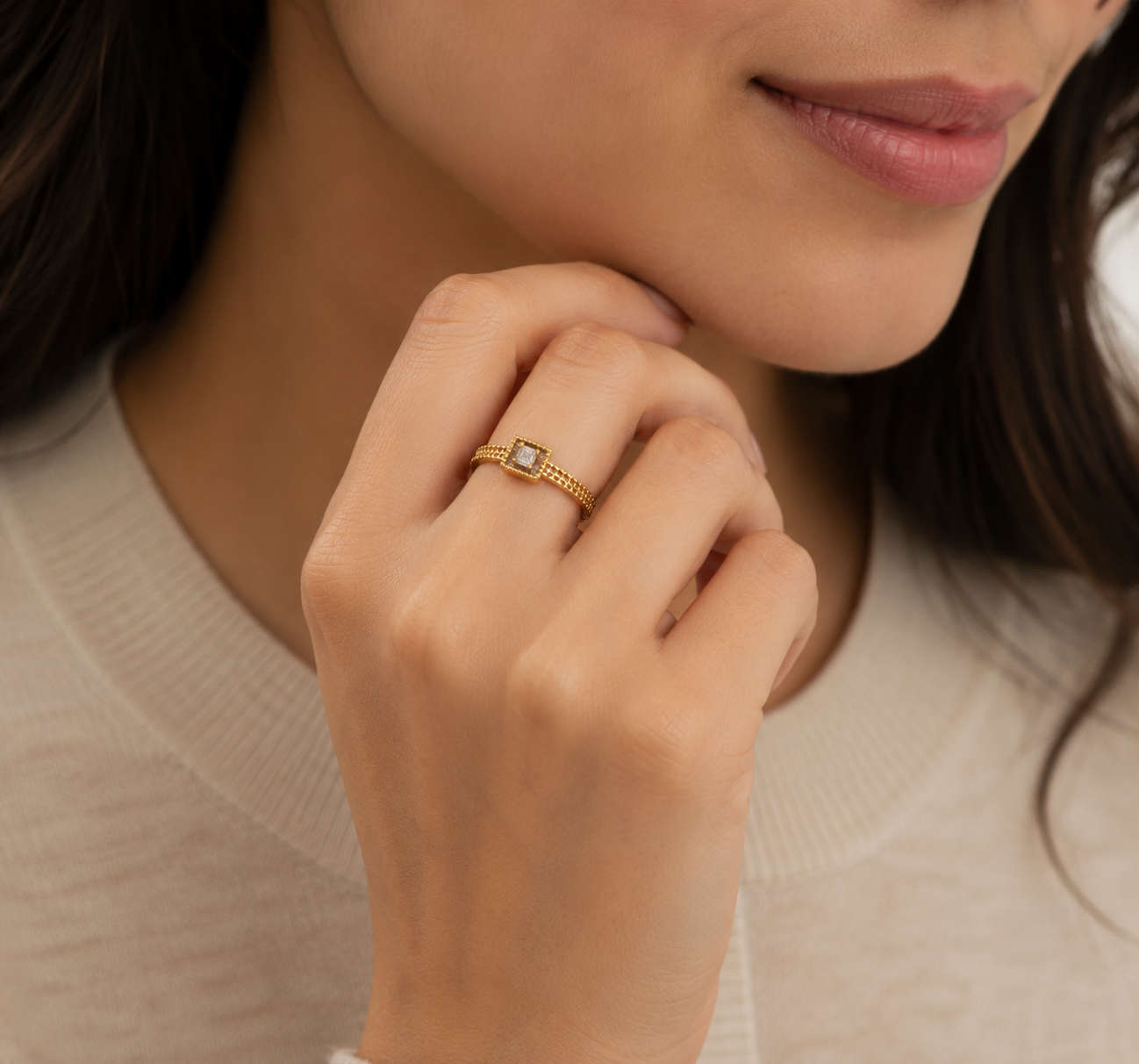 Elegant Square Halo Stone Gold Ladies Ring