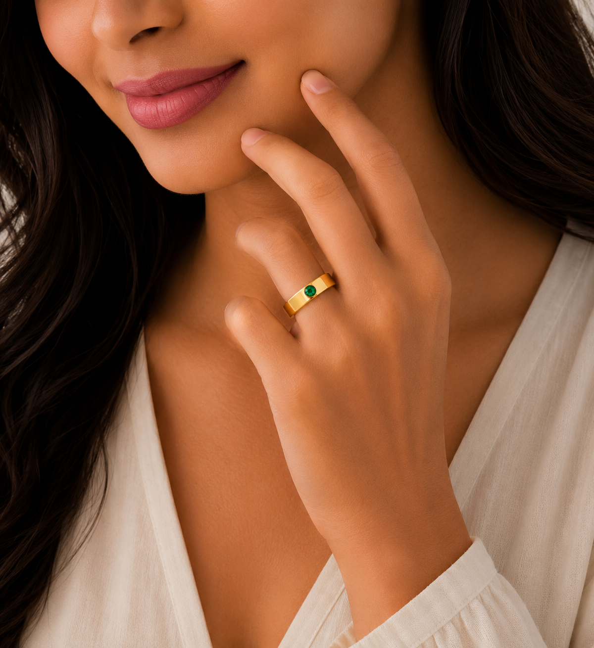 Classic Emerald Accent Gold Ladies Ring